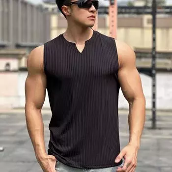 Мужской летний жилет для фитнеса с v-образным вырезом, облегающие майки без рукавов, однотонный ребристый баскетбольный тренировочный жилет для упражнений M темно-серого