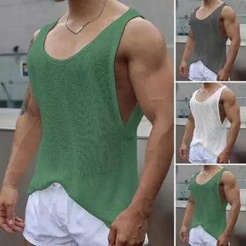 Мужской летний жилет, полый вязаный свободный однотонный без рукавов с круглым вырезом, глубокая подмышка, спортивный майка для тренировок в тренажерном зале 2XL белый