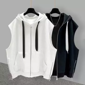 Мужской летний жилет с капюшоном и шнурком без рукавов, топы на молнии, карманы, однотонный, свободный крой, спортивный жилет, пальто XL белый