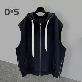 Мужской летний жилет с капюшоном и шнурком без рукавов, топы на молнии, карманы, однотонный, свободный крой, спортивный жилет, пальто XL белый