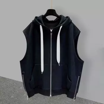 Мужской летний жилет с капюшоном и шнурком без рукавов, топы на молнии, карманы, однотонный, свободный крой, спортивный жилет, пальто XL белый