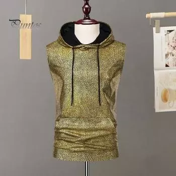 Мужской летний жилет с капюшоном и шнурком без рукавов, бронзовый 70-х годов, ретро-стиль, клубная вечеринка, дискотека, топ, свободная спортивная толстовка 2XL золотистый