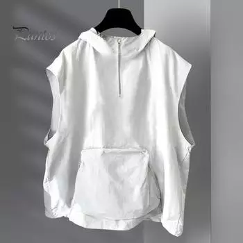 Мужской летний жилет с капюшоном на молнии и половиной планки без рукавов в стиле хип-хоп, жилет, однотонный быстросохнущий жилет с большими карманами L чёрный