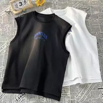 Мужской летний жилет с круглым вырезом без рукавов и широкими бретелями, фитнес-жилет с 3D полосками, футболка в уличном стиле, быстросохнущий баскетбольный топ M белый