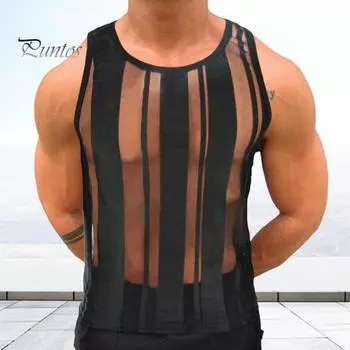 Мужской летний жилет с круглым вырезом без рукавов, прозрачные полосатые сетчатые топы на бретелях, сплошной цвет, приталенный камзол XL чёрный