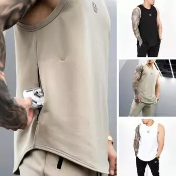 Мужской летний жилет с круглым вырезом без рукавов, майка для фитнеса с боковым карманом на молнии, свободный жилет для бега, спортивная одежда для бодибилдинга M чёрный