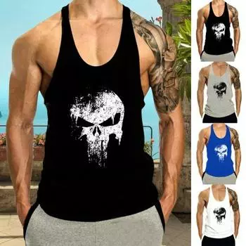 Мужской летний жилет с круглым вырезом без рукавов, свободный крой, спортивный топ, быстросохнущий спортивный жилет с принтом черепа, жилет для фитнеса, майка для бодибилдинга XL белый