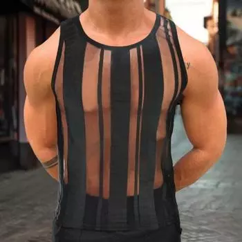 Мужской летний жилет с круглым вырезом без рукавов, прозрачные полосатые сетчатые топы на бретелях, сплошной цвет, приталенный камзол XL чёрный