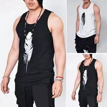 Мужской летний жилет с круглым вырезом, без рукавов, с принтом перьев, жилет-борцовка, быстросохнущий, с широкими бретелями, майки L белый
