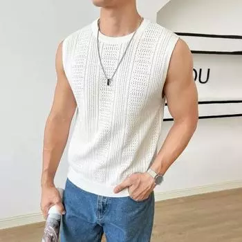 Мужской летний жилет с круглым вырезом без рукавов, однотонные топы, облегающие, дышащие, трикотажные топы на каждый день M белый