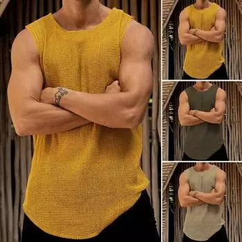 Мужской летний жилет с круглым вырезом без рукавов, вязаный жилет, однотонный свободный крой, бодибилдеры, бретельки для спортзала, уличная одежда L жёлтый