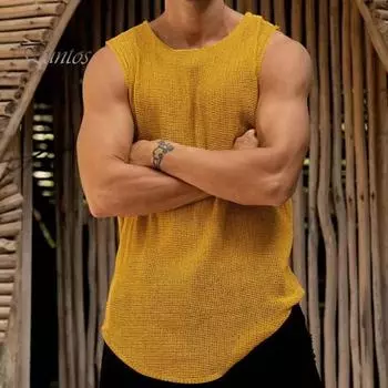 Мужской летний жилет с круглым вырезом без рукавов, вязаный жилет, однотонный свободный крой, бодибилдеры, бретельки для спортзала, уличная одежда L жёлтый