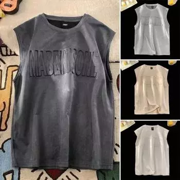 Мужской летний жилет с круглым вырезом, замшевый жилет без рукавов, однотонный пуловер с буквенным узором, топы с широкими бретелями, майки, уличная одежда M белый