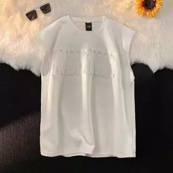 Мужской летний жилет с круглым вырезом, замшевый жилет без рукавов, однотонный пуловер с буквенным узором, топы с широкими бретелями, майки, уличная одежда L белый