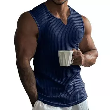 Мужской летний жилет с вертикальными полосками, однотонный, с V-образным вырезом и широкими плечами L тёмно-синий