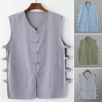 Мужской летний жилет в стиле ретро, традиционный китайский стиль, пуговицы с узлом, ажурный костюм Тан, стильный костюм без рукавов, сплошной цвет L армия зеленый