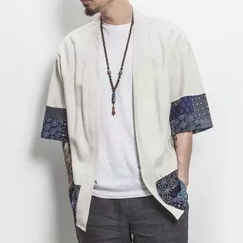 Мужской лоскутный кардиган с ретро-принтом, пальто, пончо с рукавами 3/4 и открытой передней частью, верхняя одежда, тонкий кардиган Hanfu 2XL бежевый