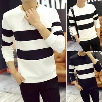 Мужской лоскутный полосатый цветной повседневный свитшот, пуловер с круглым вырезом и длинными рукавами, облегающие дышащие топы L чёрный