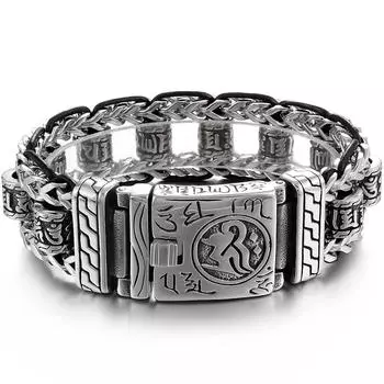 Мужской массивный браслет-цепочка из плетеной стали и кожи шириной 22 см и 22 мм с вращающимися бусинами, ювелирные изделия с мантрами из шести символов 22cm серебряный