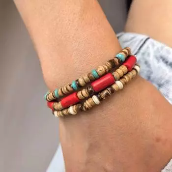 Мужской массивный браслет из деревянных бусин. Браслет из бирюзового бисера коричневый