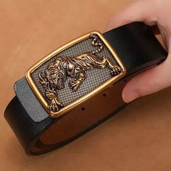 Мужской металлический золотой, серебряный, тигровый, с пряжкой в виде животных, ремень из натуральной яловой кожи, большие размеры 110, 120, 130 см, 140 см, 150 см, поясные ремни 105cm дубильная кора