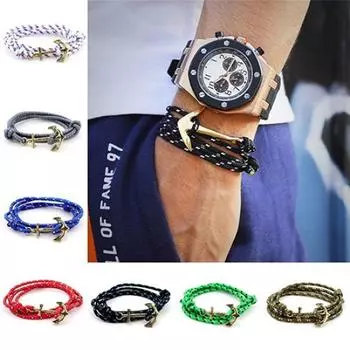 Мужской многослойный браслет ручной работы из веревки с якорем, подвески, браслет темно-синий