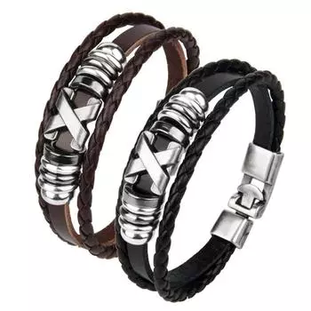 Мужской многослойный кожаный браслет с буквами X, магнитная застежка, имитация коровьей кожи, плетеный многослойный браслет, модный браслет чёрный