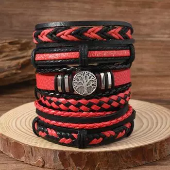 Мужской многослойный кожаный плетеный браслет, модный готический браслет «Древо жизни», повседневные аксессуары для рук, набор из шести предметов