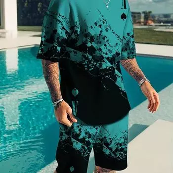 Мужской модный элегантный летний повседневный костюм свободного покроя, мужской топ в стиле Y2K, дышащий, свежий, с коротким рукавом, напечатанный 3D-узором в стиле покера S