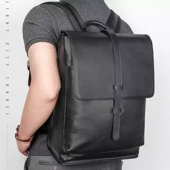 Мужской модный деловой рюкзак из натуральной кожи - большой вместимости, водонепроницаемый, совместимый с 14-дюймовым ноутбуком, школьный рюкзак чёрный