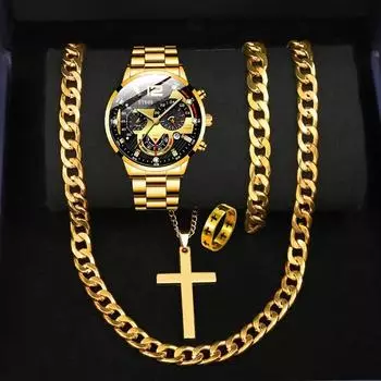 Мужской модный комплект из 5 предметов: Кварцевые часы для бизнеса и отдыха с браслетом из нержавеющей стали, ожерелье, браслет и кольцо в стиле хип-хоп с кубинской цепочкой