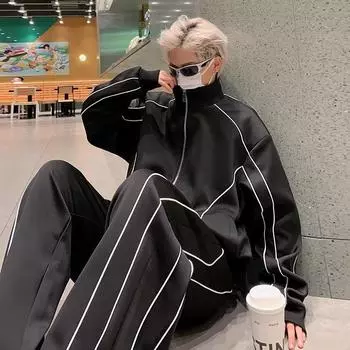 Мужской модный комплект из куртки и брюк свободного кроя: Однотонный корейский стиль для весны и осени M белый