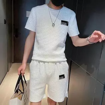 Мужской модный летний комплект из вафельной футболки с короткими рукавами и шорт L белый