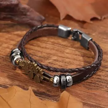 Мужской модный многослойный кожаный браслет с бусинами, винтажный браслет в форме листа в стиле панк, праздничные подарочные аксессуары чёрный