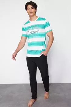 Мужской модный новый пижамный комплект, мужской зеленый вязаный пижамный комплект в полоску стандартной посадки
