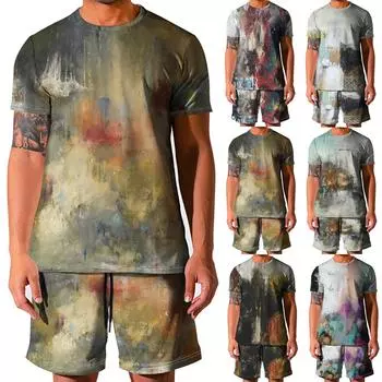Мужской модный повседневный индивидуальный костюм с 3D тай-дай, ручная роспись, нерегулярный принт, круглый вырез, короткий рукав XXL бежевый
