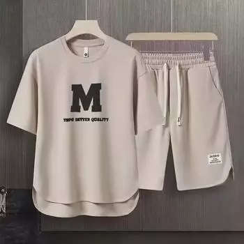 Мужской модный повседневный летний костюм-двойка 2023 года: Свободная рубашка с коротким рукавом и шорты для подростков и студентов M кофейный