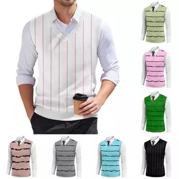 Мужской модный принтованный V-образный вырез без рукавов трикотажный пуловер L армия зеленый