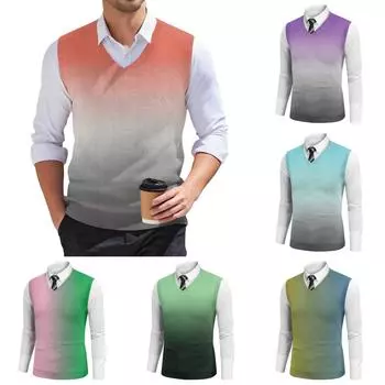 Мужской модный принтованный V-образный вырез без рукавов трикотажный пуловер L темно-зеленого