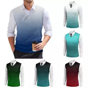 Мужской модный принтованный V-образный вырез без рукавов трикотажный пуловер L синий