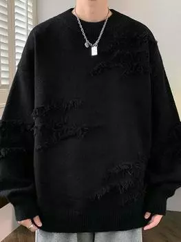 Мужской модный ретро свободный вязаный свитер: Персонализированный круглый вырез на осень/зиму M чёрный