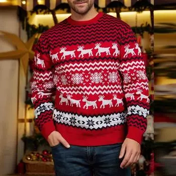 Мужской модный рождественский свитер, теплый пуловер, свитер с длинным рукавом и круглым вырезом S красный