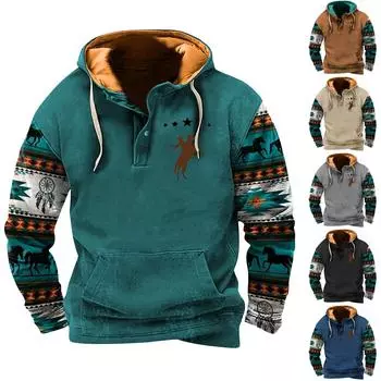 Мужской модный свитер с капюшоном и принтом в стиле ретро на полупуговицах L чёрный