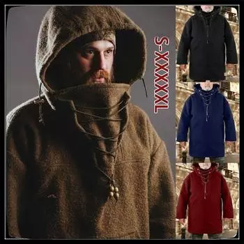 Мужской модный теплый пуловер с капюшоном, утепленный анорак на шнуровке викингов, средневековые пальто, костюм для косплея XXXXXL