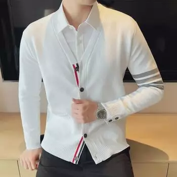 Мужской модный вязаный кардиган-свитер с четырьмя полосками и V-образным вырезом Large