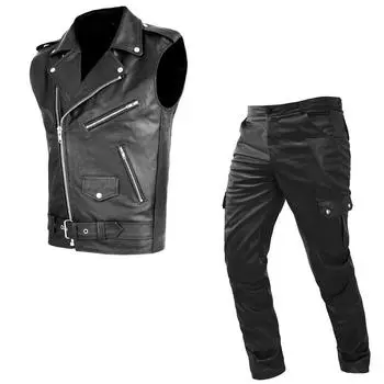 Мужской мотоциклетный жилет, кожаная куртка, кожаные штаны, комплект из двух предметов, повседневный комплект из искусственной кожи, средневековая одежда 2XL чёрный