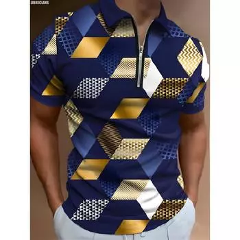 Мужской мяч для поло в клетку в стиле ретро, напечатанный на 3D-принтере, на молнии, модный топ с короткими рукавами S