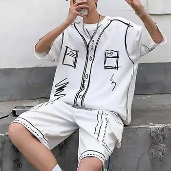 Мужской наряд из 2 шт./компл., короткая футболка с круглым вырезом, эластичная талия, шорты с широкими рукавами, комплект, спортивный костюм свободного покроя с принтом граффити L белый