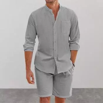 Мужской наряд из 2 шт./компл., однобортная рубашка с воротником-стойкой и рукавами, длинные шорты с карманами, однотонный свободный комплект XL белый