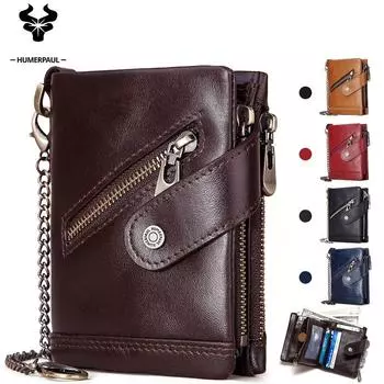 Мужской новый стильный кошелек из натуральной кожи с двойной молнией, антимагнитной защитой и блокировкой RFID, кожаный кошелек для монет в три сложения чёрный